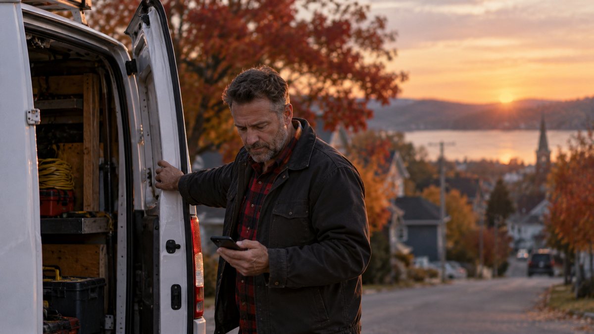 A tradesman beside his van at dusk in a small Ontario town