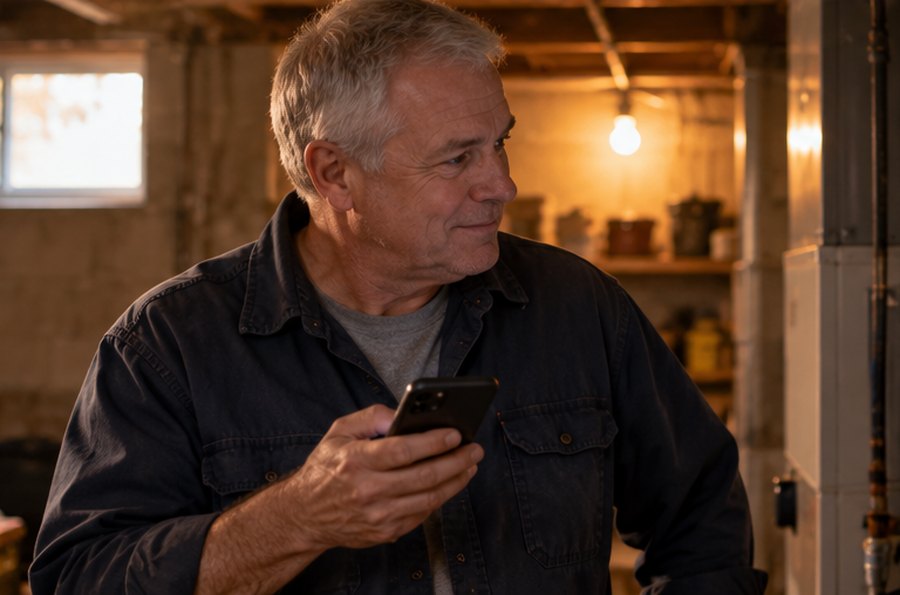 A homeowner beside her furnace, phone in hand