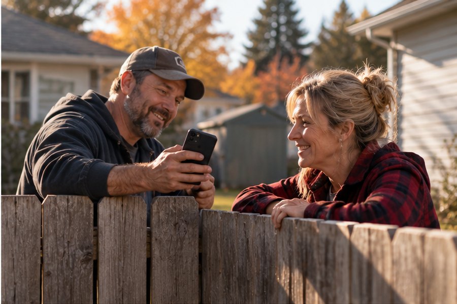 Two neighbours talking over a fence, one showing the other a phone