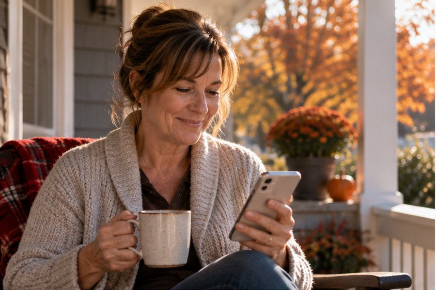 A woman on her porch with a coffee, reading a text and smiling