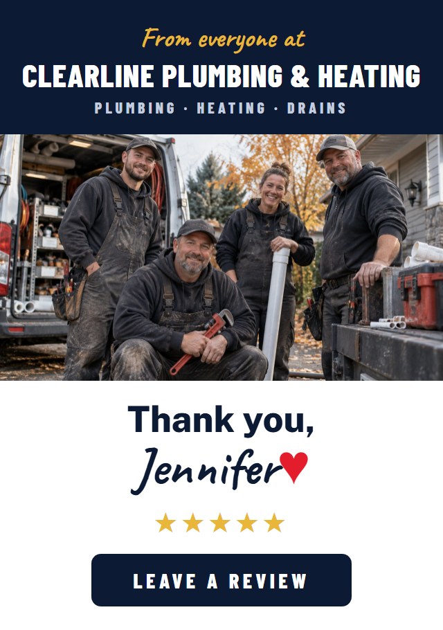 The thank-you card: From everyone at ClearLine Plumbing and Heating, the crew photo, Thank you Jennifer, five stars, and a Leave a Review button