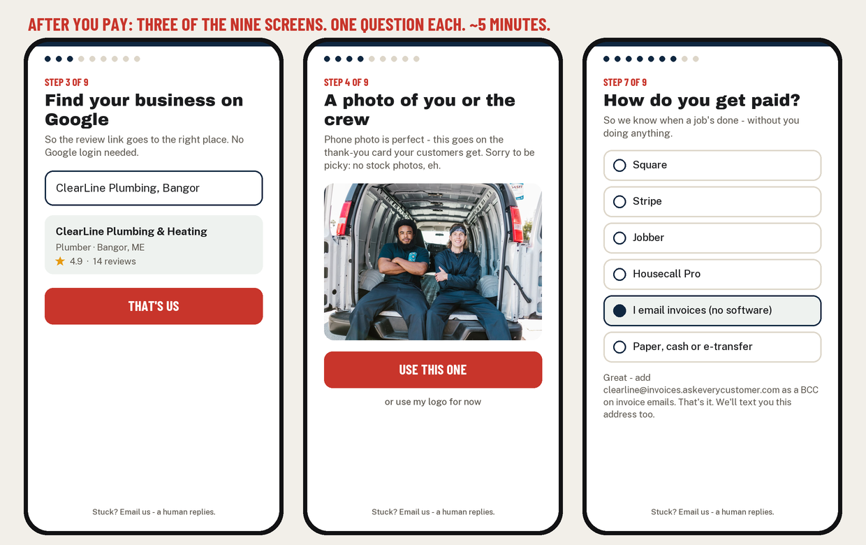 Three of the setup screens: find your business on Google, a photo of you or the crew, and how do you get paid